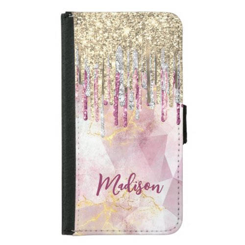 Chic pink gold glitter drips monogram samsung galaxy s5 wallet case