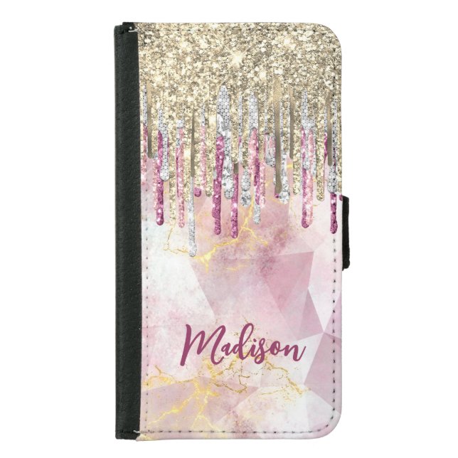 Chic pink gold glitter drips monogram samsung galaxy wallet case (Front)