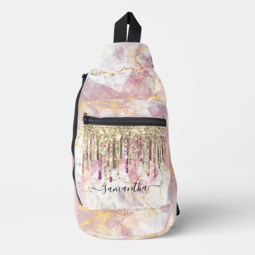 Chic pink gold glitter drips monogram sling bag