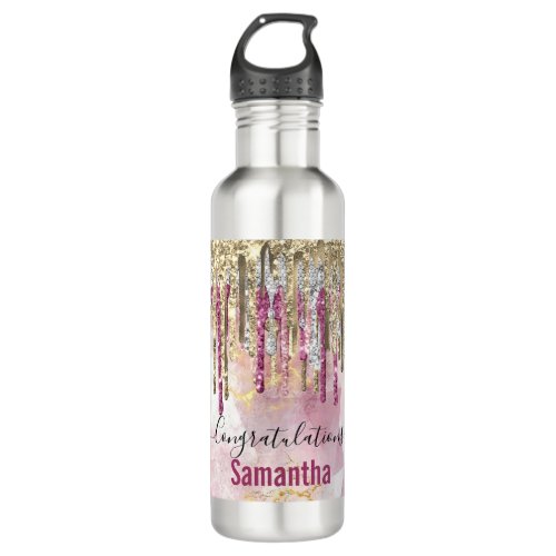 Chic pink gold glitter drips monogram stainless steel water bottle