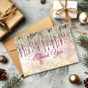 Chic pink gold glitter drips monogram thank you card