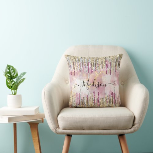 Chic pink gold glitter drips monogram throw pillow