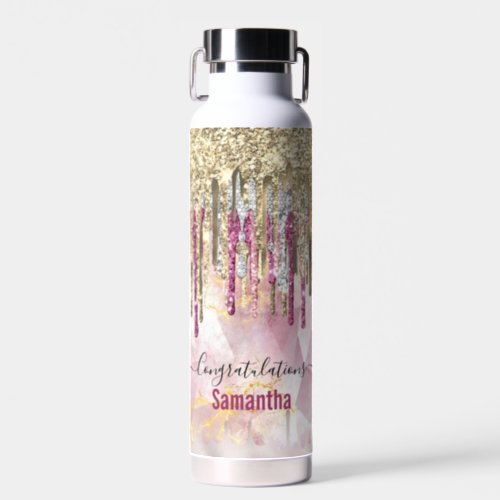 Chic pink gold glitter drips monogram water bottle