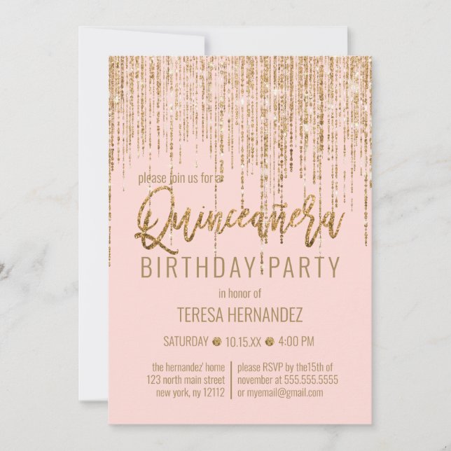 Chic Pink Gold Glitter Fringe Curtain Quinceañera Invitation (Front)