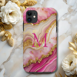 Chic Pink Gold Glitter Marble Agate Monogram iPhone 11 Case