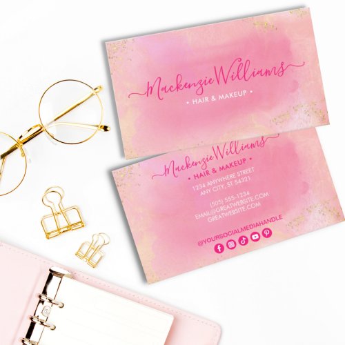 Chic Pink Gold Glitter Marble Monogram Trendy Business Card