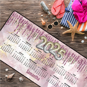 Chic pink gold glitter monogram 2025 calendar  desk mat