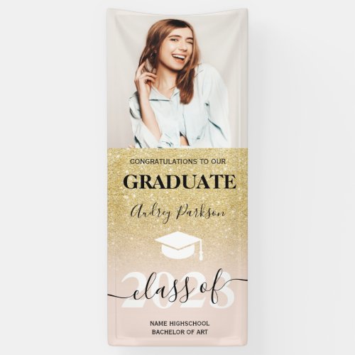 Chic pink gold glitter ombre photo graduation banner