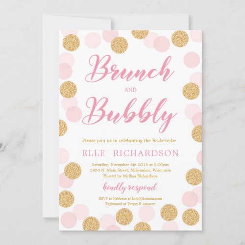 Chic Pink gold glitter polka dot brunch and bubbly Invitation