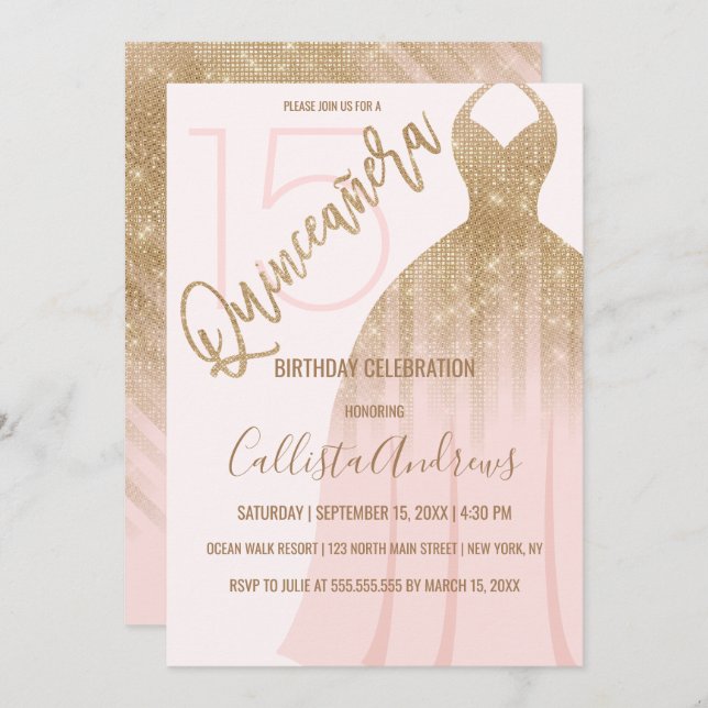 Chic Pink Gold Glitter Princess Dress Quinceanera Invitation (Front/Back)