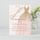 Chic Pink Gold Glitter Princess Dress Quinceanera Invitation (Standing Front)