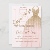 Chic Pink Gold Glitter Princess Dress Quinceanera Invitation (Front)