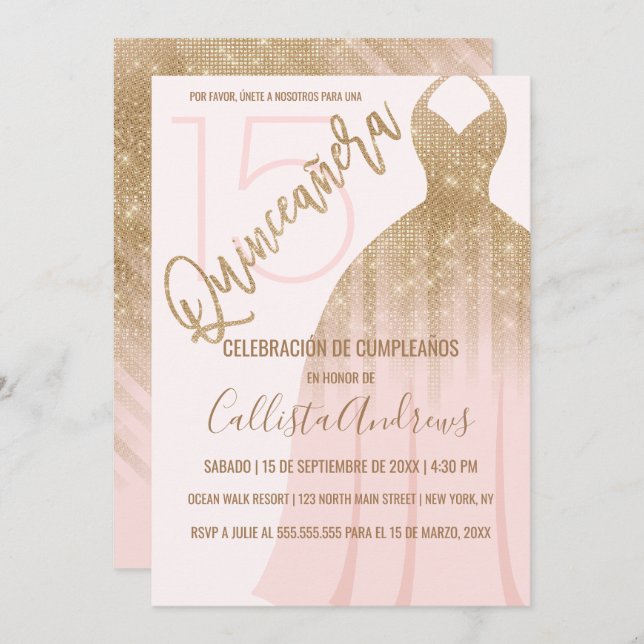 Chic Pink Gold Glitter Spanish Dress Quinceanera Invitation (Front/Back)