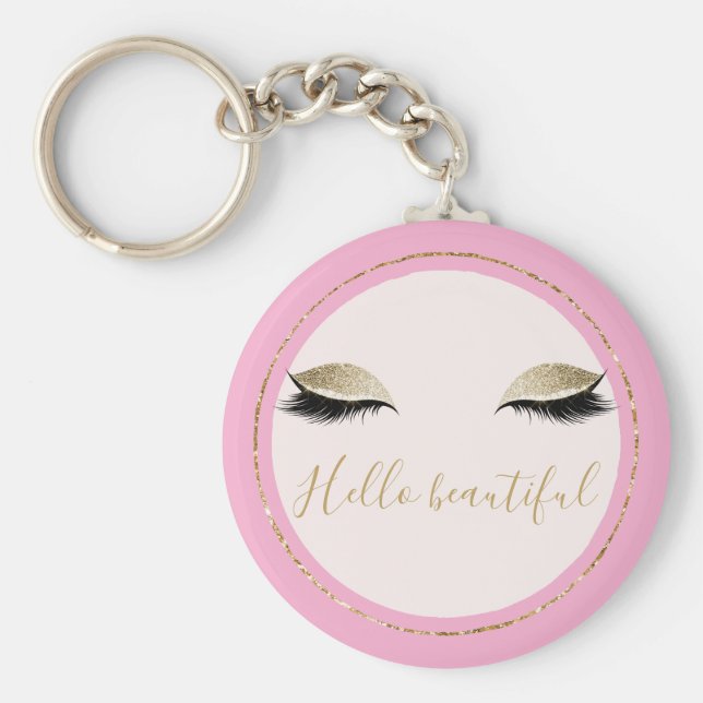 Chic Pink Gold Glitzy Black Eyelashes Keychain (Front)