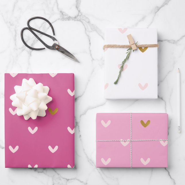 Chic Pink Gold Hearts Birthday Wrapping Paper Sheets (Front)