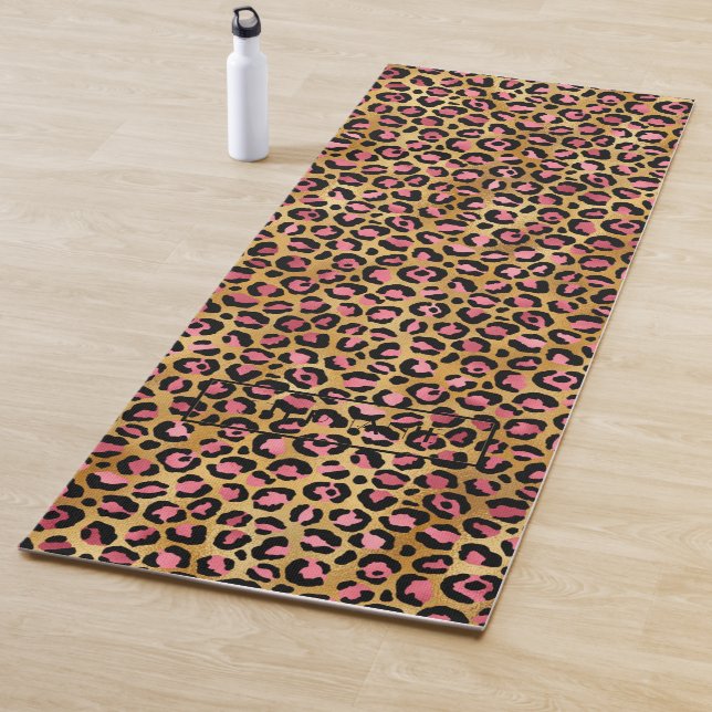 Chic Pink Gold Leopard Print Personalized Yoga Mat (In Situ)