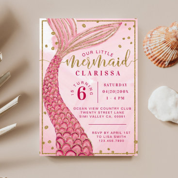 Chic Pink Gold Little Mermaid Birthday Invitation