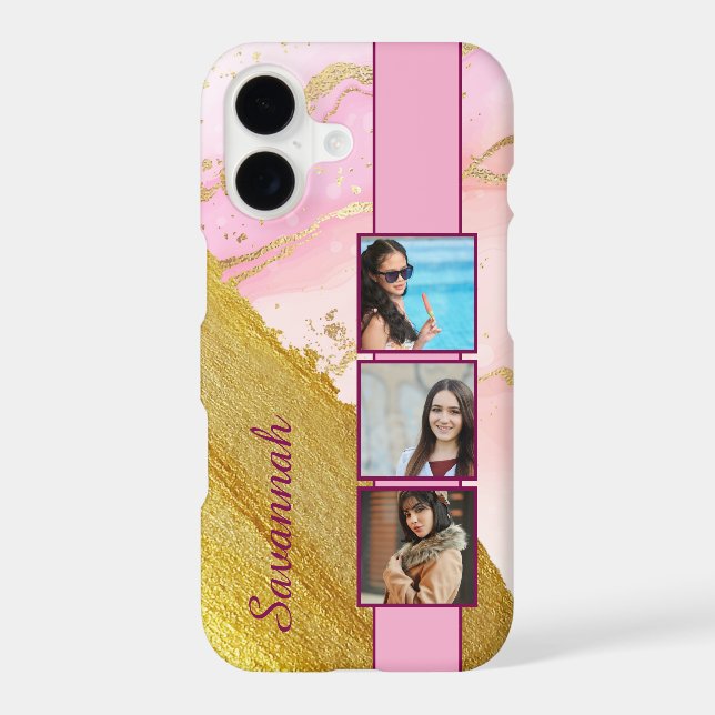 Chic Pink & Gold Marble Photo Collage Personalized Case-Mate iPhone Case (Back)