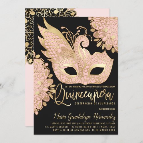 Chic Pink Gold Masquerade Mask Espaol Quinceaera Invitation