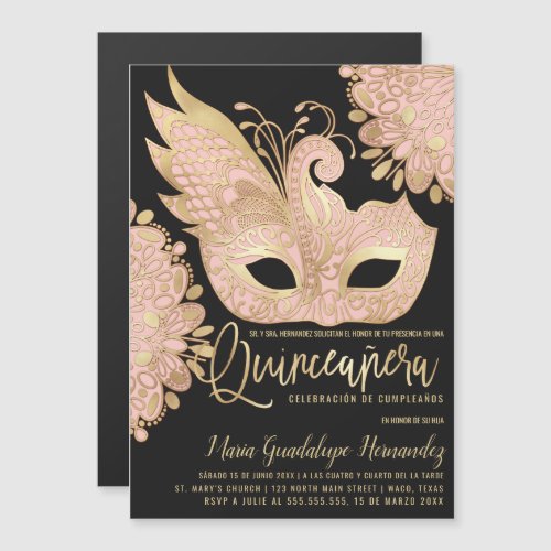 Chic Pink Gold Masquerade Mask Espaol Quinceaera Magnetic Invitation