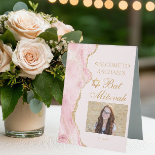 Chic Pink Gold Mitzvah Party Photo Welcome Table Tent