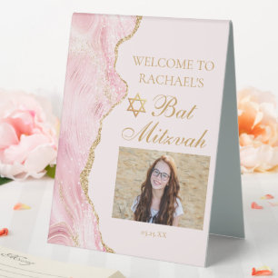 Chic Pink Gold Mitzvah Party Photo Welcome Table Tent