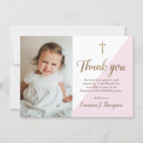 Chic Pink Gold Modern First birthday baptism photo Thank You Card