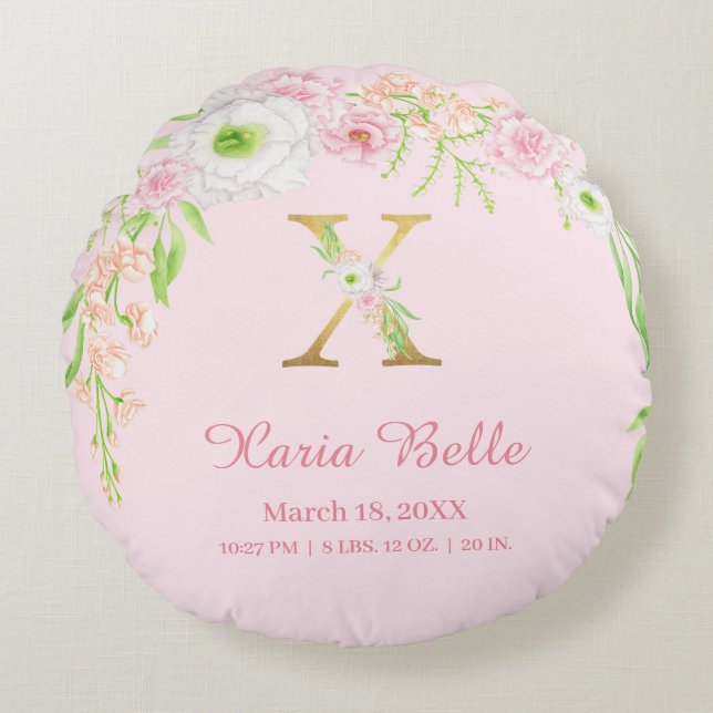 Chic Pink Gold Monogram "X" Baby Girl Stats Round Pillow (Front)