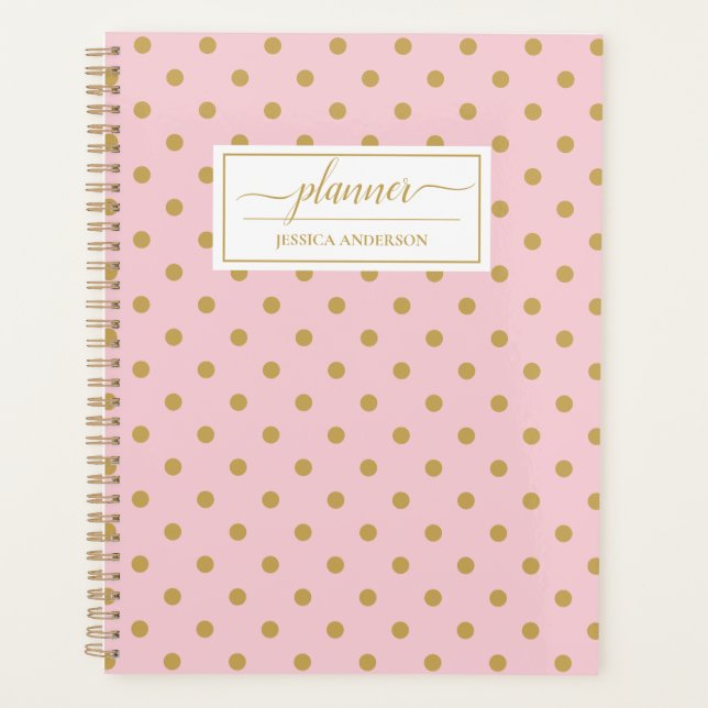 Chic Pink Gold Polka Dots Pattern Planner (Front)