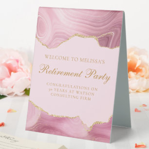 Chic Pink Gold Retirement Party Welcome Table Tent
