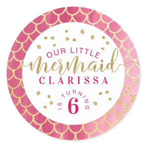 Chic Pink & Gold Scale Little Mermaid Birthday Classic Round Sticker