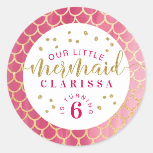 Chic Pink & Gold Scale Little Mermaid Birthday Classic Round Sticker