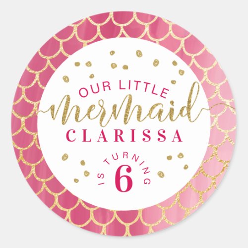 Chic Pink  Gold Scale Little Mermaid Birthday Classic Round Sticker