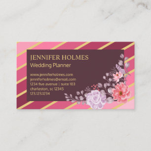 Chic Pink Gold Stripes Floral Business Card
