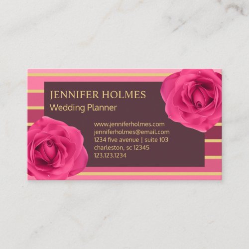 Chic Pink Gold Stripes Rose Business Card