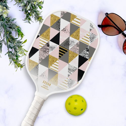 Chic Pink Gold Triangles Custom Monogram Text  Pickleball Paddle