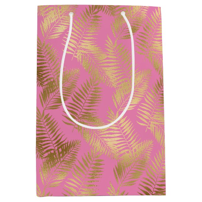 Chic Pink Gold Tropical Leaves Medium Gift Bag (Front)