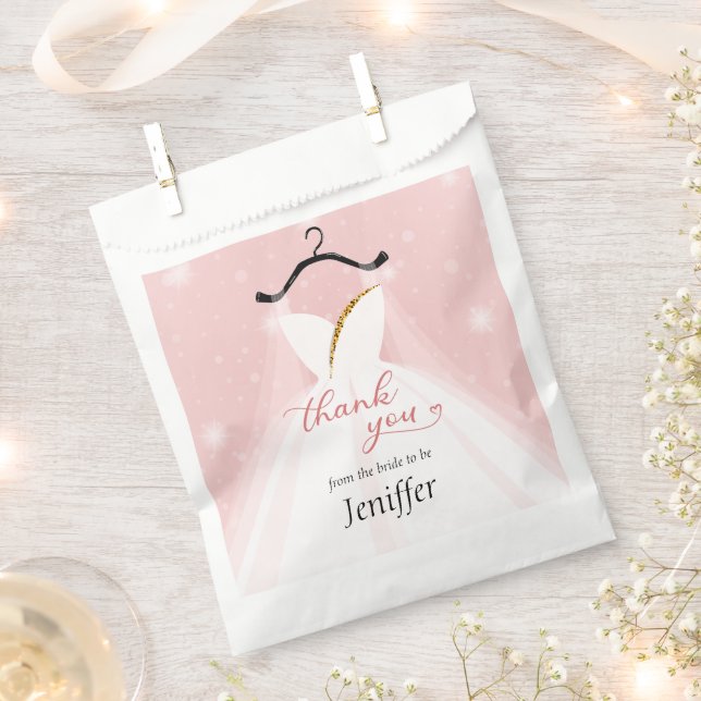 Chic Pink & Gold Wedding Dress Thank You Favor Bag (Clipped)