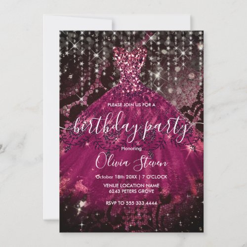 Chic pink gown black lace glitter drips monogram invitation