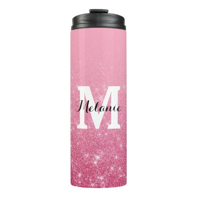 Chic Pink Gradient Faux Glitter Monogram Thermal Tumbler (Front)