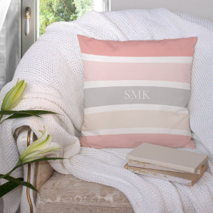 Chic Pink Gray Cream Wide Stripes Modern Monogram Throw Pillow