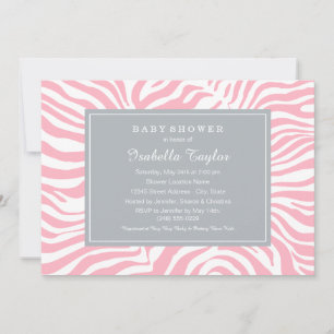 Chic Pink Gray Zebra Print Baby Girl Shower Invitation