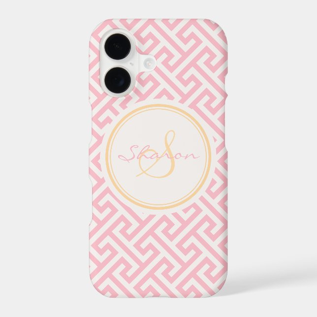 Chic pink greek key geometric pattern monogram iphone case (Back)