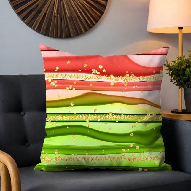 Chic Pink Green Abstract Wave Gold Glitter Sparkle Throw Pillow (Creator Uploaded)