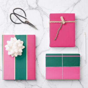 Chic Pink & Green and Gold Stripes Wrapping Paper Sheets