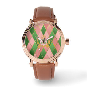 Chic Pink Green Argyle Monogrammed  Watch
