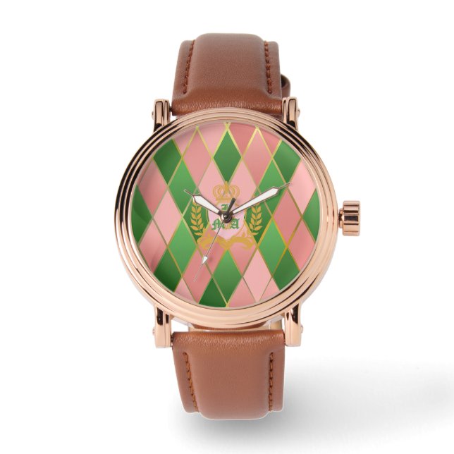 Chic Pink Green Argyle Monogrammed  Watch (Front)