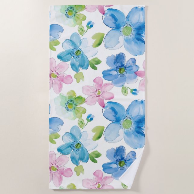 Chic Pink Green Blue Floral  Beach Towel (Front)