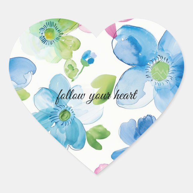 Chic Pink Green Blue Floral   Heart Sticker (Front)