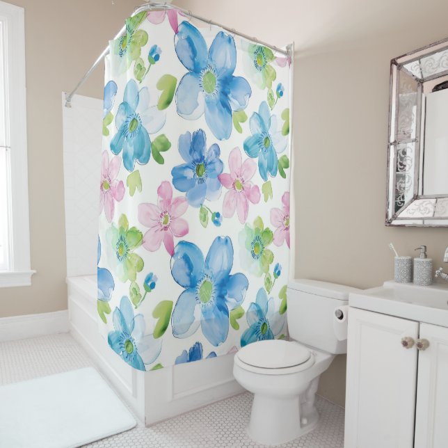Chic Pink Green Blue Floral  Shower Curtain (In Situ)